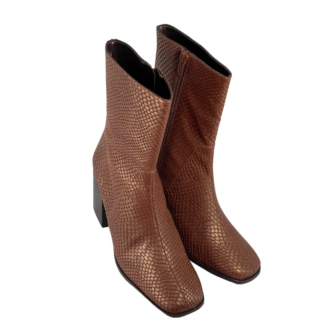 'Menos' faux-snakeskin vegan mid-calf boot by Zette Shoes - cognac Ankle Boots Cowboy Boots