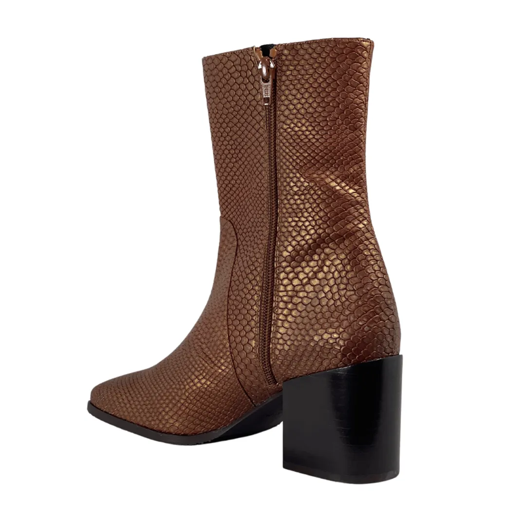 'Menos' faux-snakeskin vegan mid-calf boot by Zette Shoes - cognac Elastic Ankle Boots