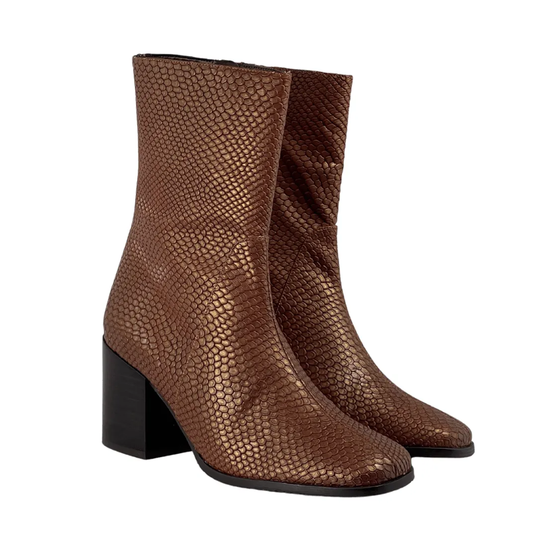 Nude Sock Ankle Boots 'Menos' faux-snakeskin vegan mid-calf boot by Zette Shoes - cognac