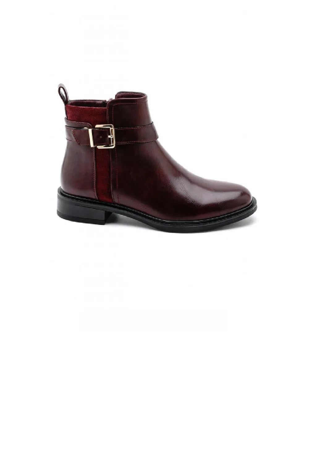 WINE RED BUCKLE DETAIL FLAT CHELSEA ANKLE BOOTS Ankle Boots Orthopedic