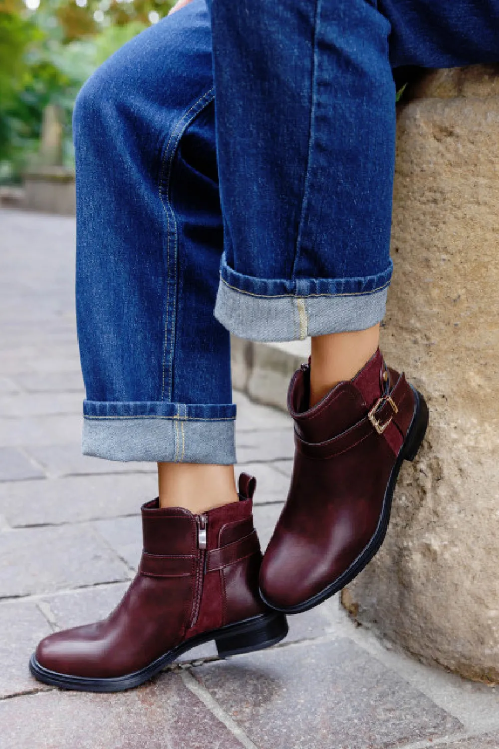 WINE RED BUCKLE DETAIL FLAT CHELSEA ANKLE BOOTS Basque Ankle Boots