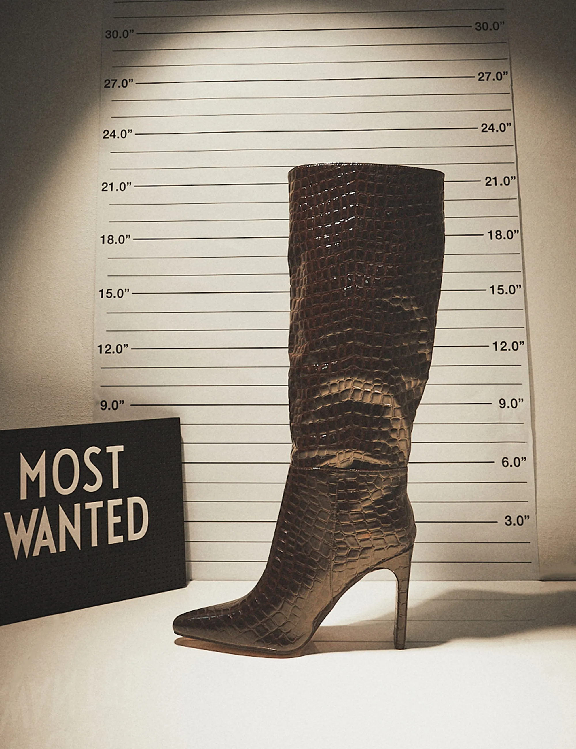 Undone Brown Patent Croc Knee High Zip Up Pointed Toe Thin Block Heeled Boots Slouch Boots Knee High