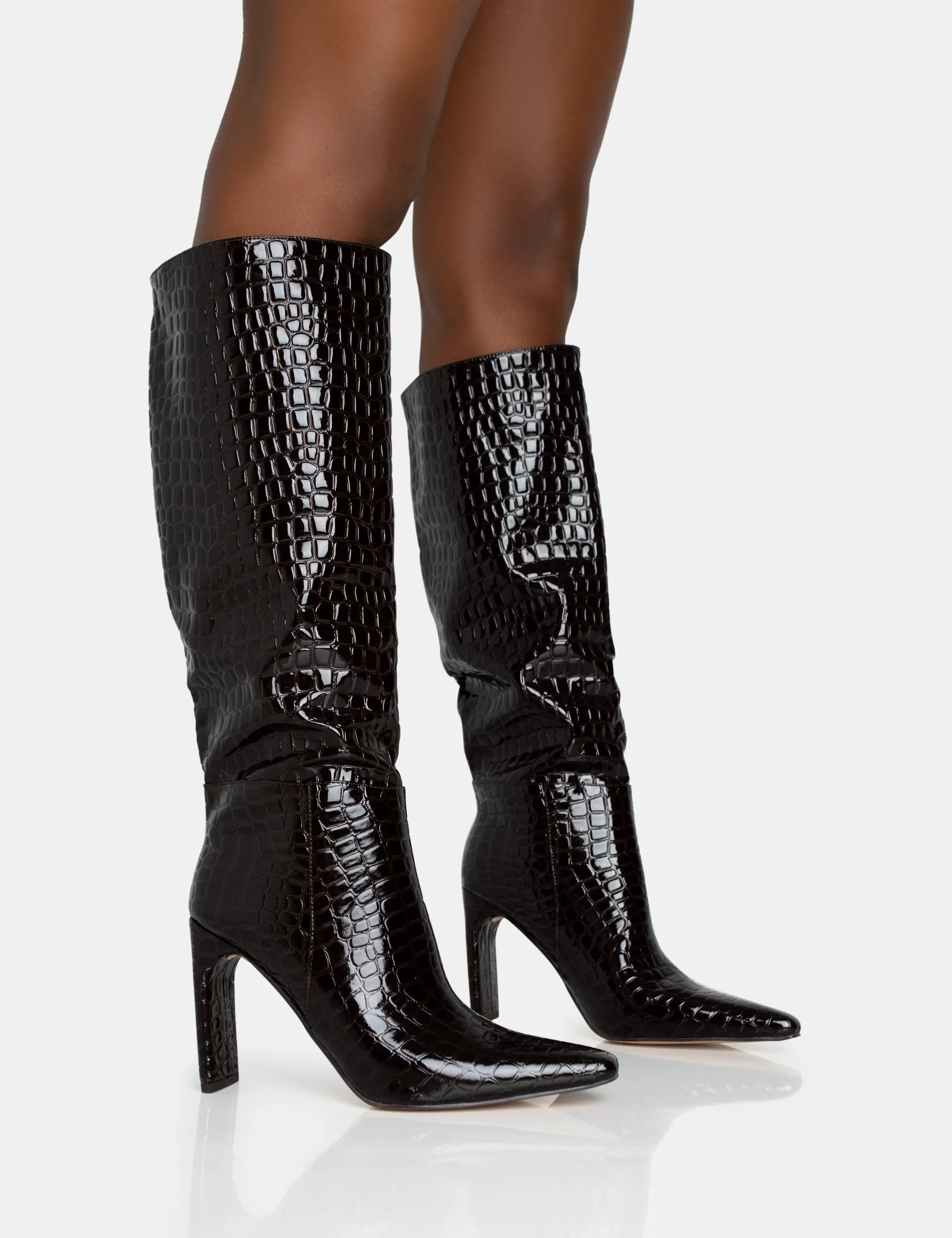 Undone Brown Patent Croc Knee High Zip Up Pointed Toe Thin Block Heeled Boots Charles David Knee High Boots