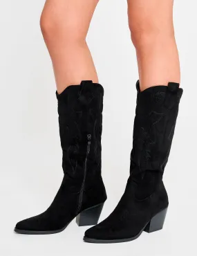 Ostrich Skin Boots Uptown Girl Black Suedette Western Cowboy Knee High Boots