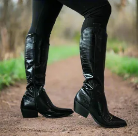 Rubber Deck Boots VANESSA-05 Black Croc Embossed Faux Leather Cowboy Boot - Western Styling - Pointy Toe