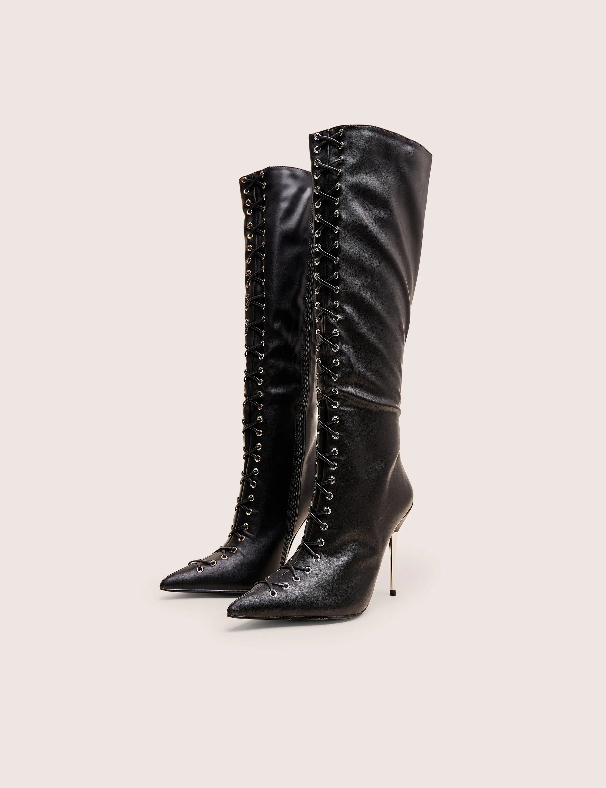 Cilli Square-toe Knee-high Dress Boots Witchcraft Black Lace Up Knee High Boots